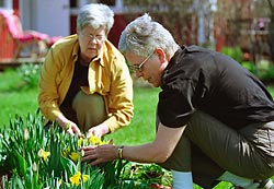 Maj-Len Remahl ja Riitta Prusti puutarhatiss. Foto: HELI SAARELA