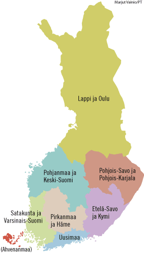 SAK:lla on tulevaisuudessa seitsem�n aluepalvelukeskusta mantereella. Keskusten sijaintipaikat selvi�v�t loppusyksyst�. Kartta: MARJUT VAINIO
